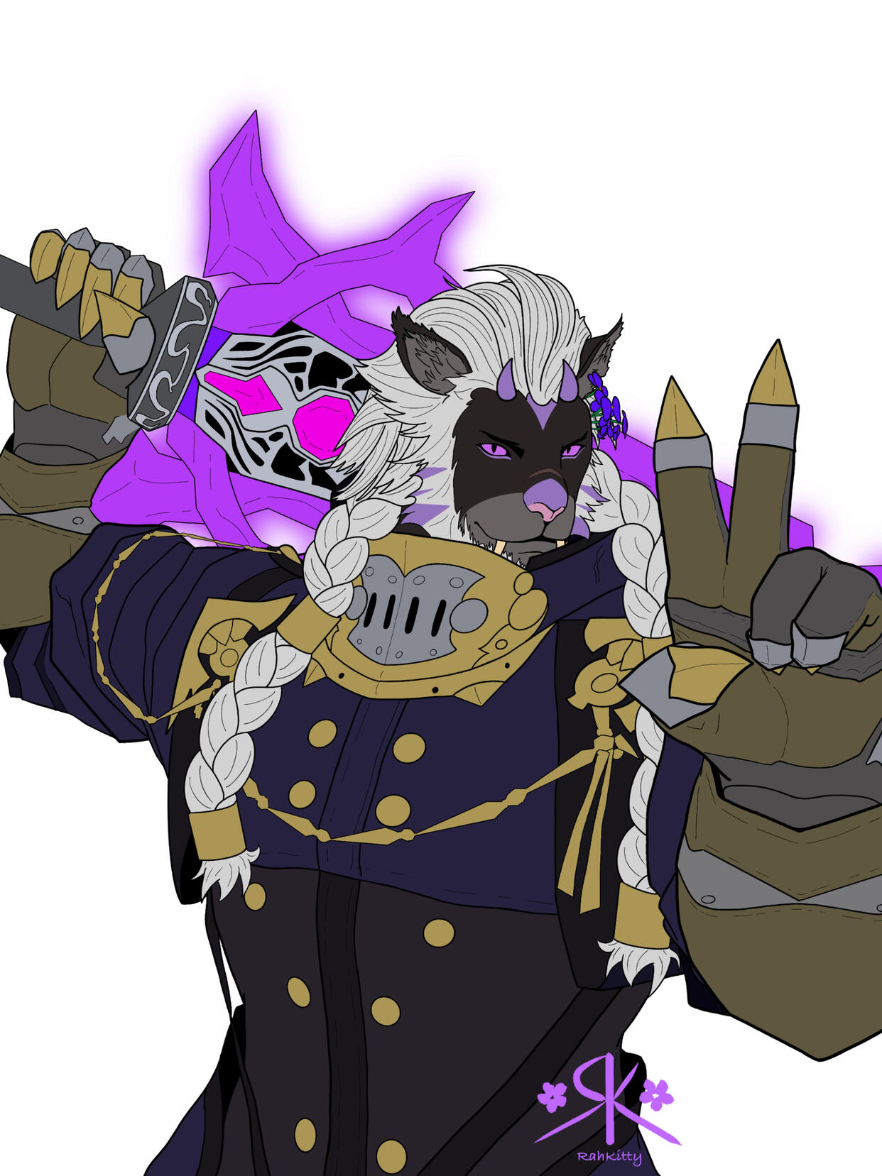 Half body, no background, mildly complex design/weapon